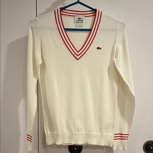 Lacoste Cream V-Neck Sweater with Red Stripes